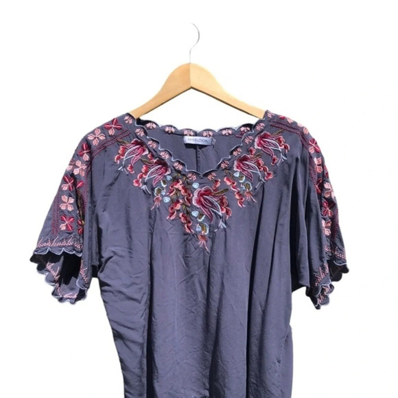 Misslook Embroidered Gray Short Sleeve Top V Neck Boho Blouse Size L - Picture 10 of 11